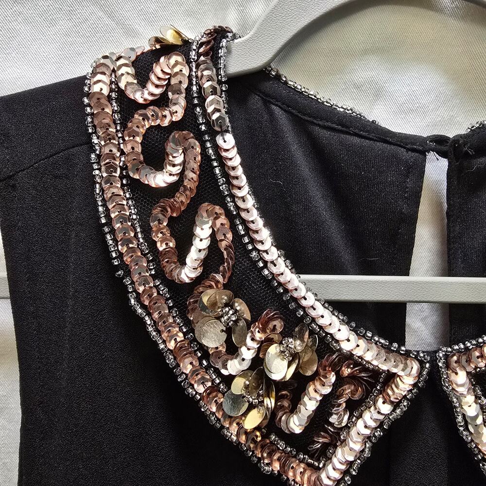 Modcloth black chiffon knee length sleeveless dress gold sequin beaded collar XL - Picture 5 of 13
